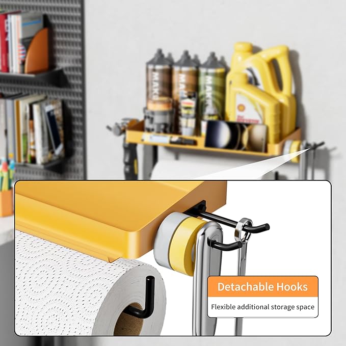 SUNTECH Garage Paper Towel Holder with Shelf, Yellow Heavy Duty Shop Towel Holder, Paper Towel Holder Wall Mount with 2 Hooks for Garage, Workshop, Tool Room Organization - Image 3
