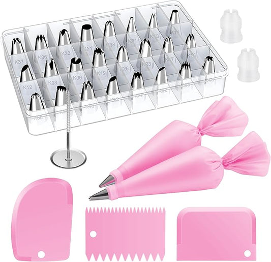 Kootek 32-Piece Piping Bags and Tips Set with 24 Icing Piping Tips, 2 Reusable Pastry Bags 12 Inch, Reusable Piping Icing Bags and Tips, Cake Decorating Kit for Frosting Cookie, Cupcake by Kootek