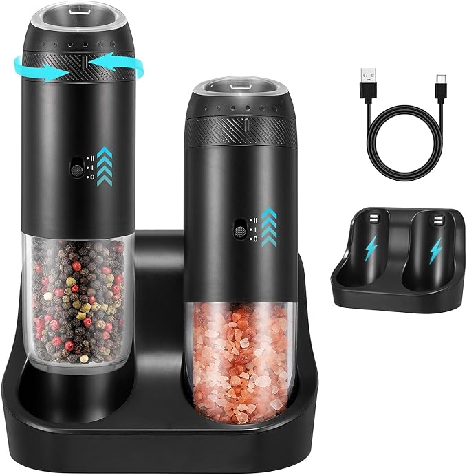 Rechargeable Gravity Electric Salt Grinder Set with Variable Grinding Speed, External Adjustable Coarseness, External Adjustable Coarseness, Charging Base and White LED Light,Black by GLOKUUCA