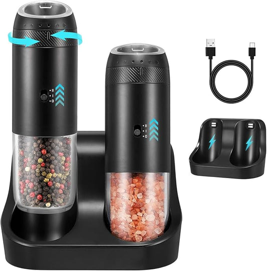 Rechargeable Gravity Electric Salt Grinder Set with Variable Grinding Speed, External Adjustable Coarseness, External Adjustable Coarseness, Charging Base and White LED Light,Black by GLOKUUCA
