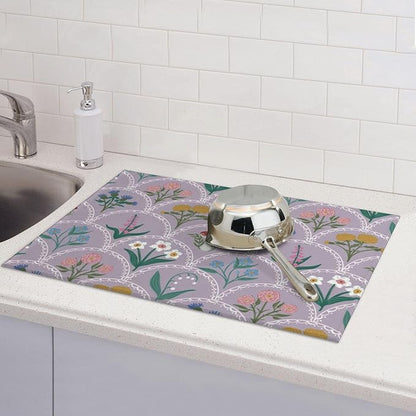 Vintage Flowers Dish Drying Mat 18x24 Inch, Microfiber Absorbent Fast Dry Mat Mushroom Floral Large Dish Mat Drying Kitchen Mat, Kitchen Drying Pad for Kitchen Counter Coffee Bar Decor Gifts