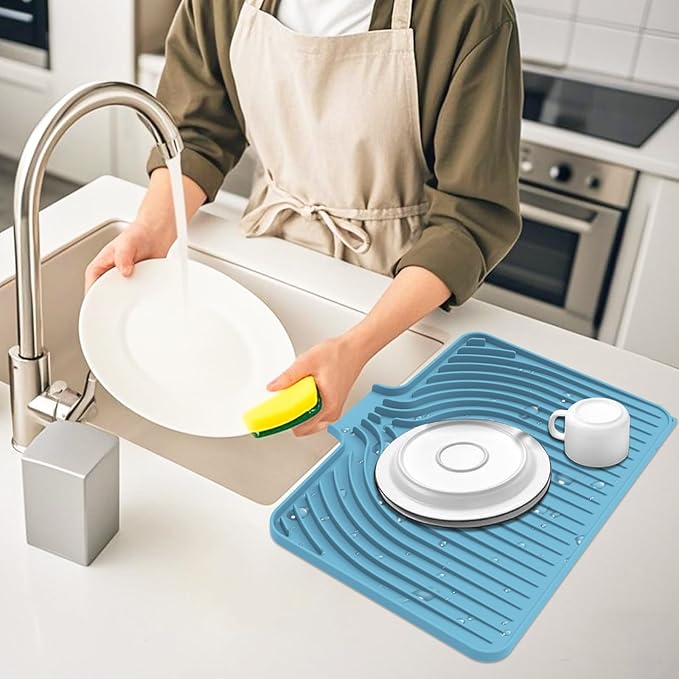 Dish Drying Mat for Kitchen Counter, with Built-in Drain Lip, Food-Grade Silicone, Easy Clean Pad for Countertop Protection, Multi-Functional Use (18x11.8, Light Blue) - Image 6