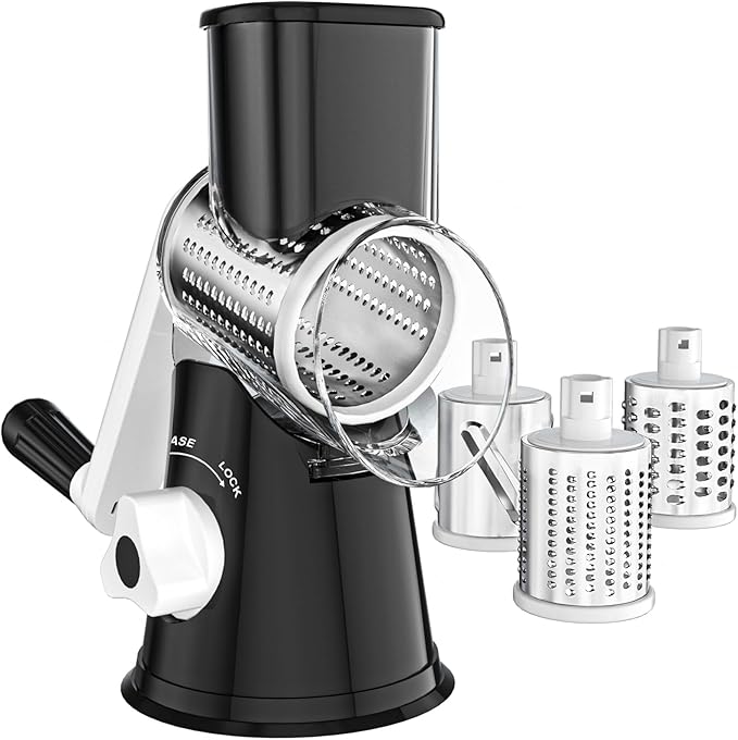 Cheese Grater Hand Crank, Rotary Vegetable Shredder with Handle and Strong Suction base, 3 in 1 Kitchen Speed Spin Veggie Slicer Nut Grinder for Pizza Top, Hash brown, Salad and More (Black) by Ancevsk