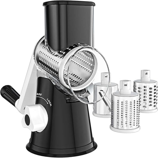Cheese Grater Hand Crank, Rotary Vegetable Shredder with Handle and Strong Suction base, 3 in 1 Kitchen Speed Spin Veggie Slicer Nut Grinder for Pizza Top, Hash brown, Salad and More (Black) by Ancevsk