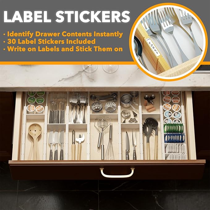 SpaceAid Bamboo Drawer Dividers with Inserts and Labels, Kitchen Adjustable Drawer Organizers, Expandable Organization for Home, Office, Dressers, 10 Dividers with 24 Inserts (17"-22" White) - Image 3