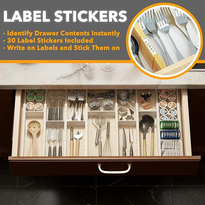 SpaceAid Bamboo Drawer Dividers with Inserts and Labels, Kitchen Adjustable Drawer Organizers, Expandable Organization for Home, Office, Dressers, 10 Dividers with 24 Inserts (17"-22" White) - Image 3