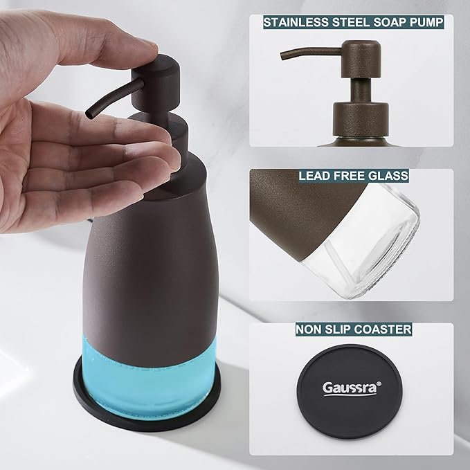 Gaussra Matte Brown Soap Dispenser with Coaster and Stickers, Stainless Steel and Glass Bottle Hand Pump Dispenser, Refillable Liquid Hand Soap Dispenser for Bathroom & Kitchen (11OZ / 320ML) - Image 4