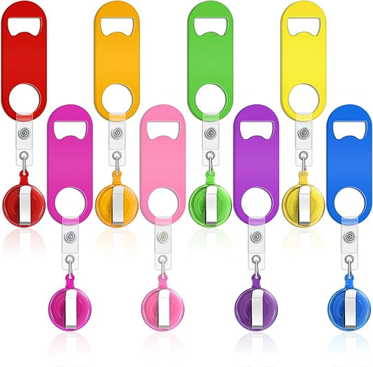 Honoson 8 Pieces Retractable Bottle Opener Bartender Flat Beer Opener with Round Badge Reel Clips Holder for Kitchen Restaurant Home Supplies Party Gifts (Classic,Assorted Color) by Honoson