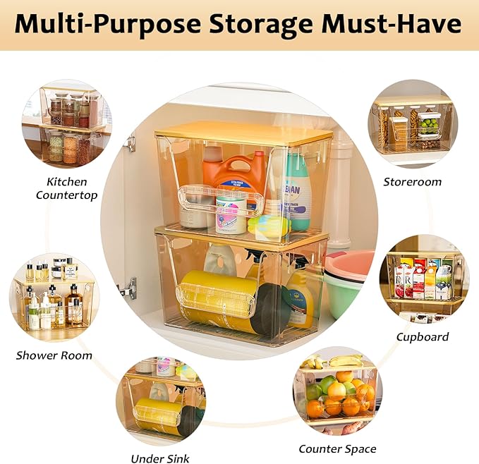 Delamu 2 Set Pantry Organizers and Storage,Trash Bag Dispenser with Bamboo Top,Stackable Trash Bag Dispenser Under Sink Organizer for 4-30 GalBags,Onion,Potato,Fruits,Amber(11-7/32"L*7" W*7-1/8"H) - Image 7