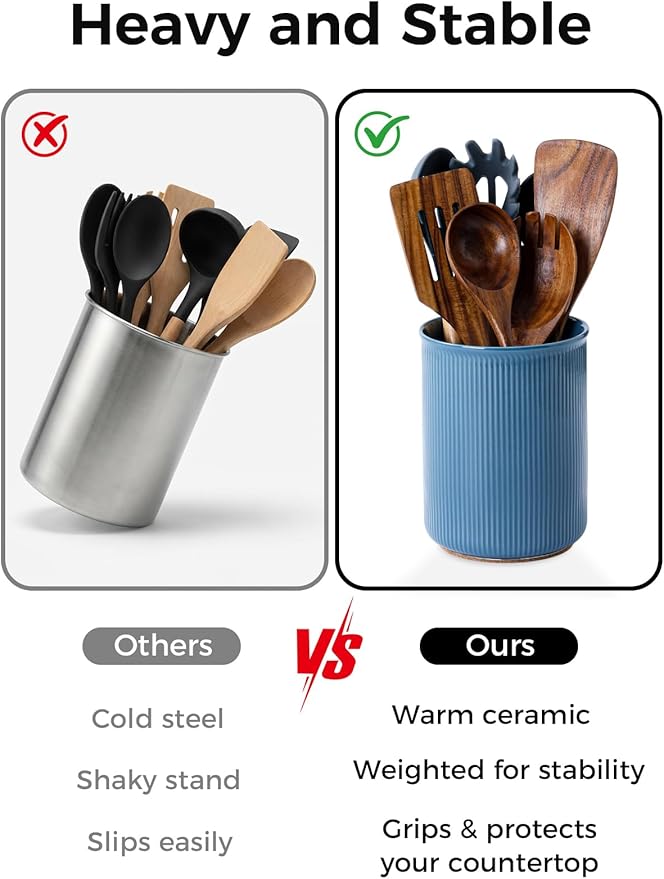LoeJan Utensil Holder, Extra Large Utensil Crock, Stable Ceramic Utensil Organizer, Cooking Tool Organizer Set for Kitchen Counter Farmhouse Décor, Blue - Image 5