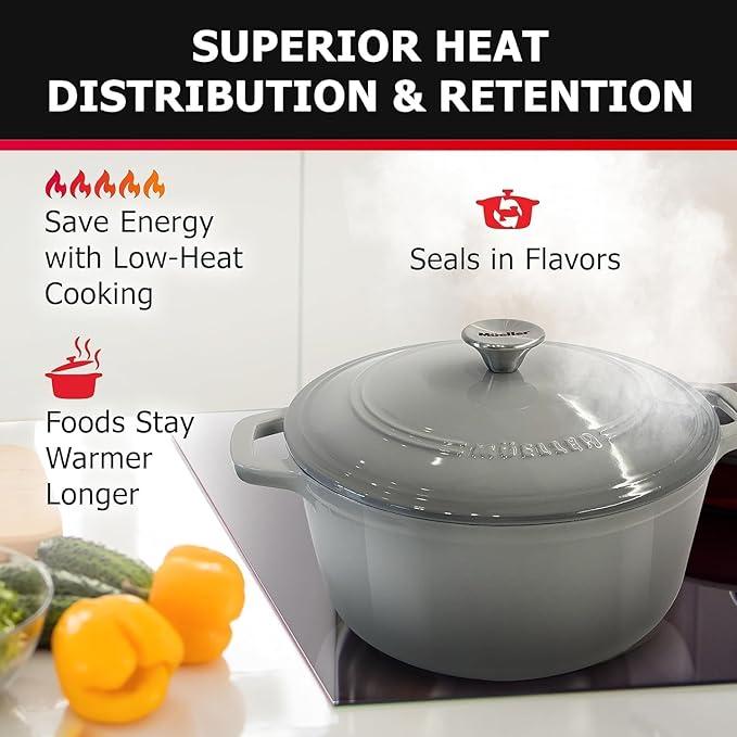 MUELLER HOME 4.5 QT Enameled Cast Iron Dutch Oven, Heavy-Duty Casserole Dish and Braiser Pan with Lid and Stainless Knob, Oven-Safe up to 500° F & Across All Cooktops, Grey - Image 2