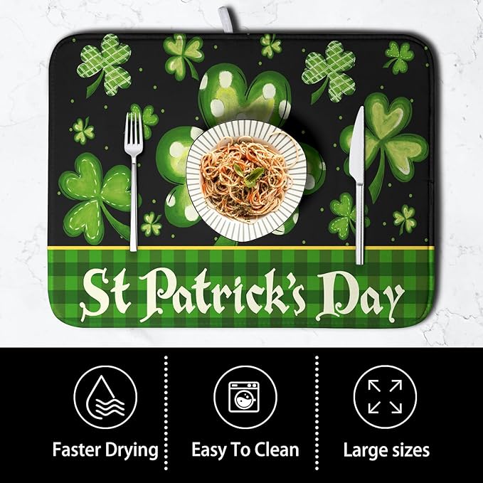St Patrick's Day Dish Drying Mats for Kitchen Counter 16x18 Inch Lucky Clovers Shamrock Green Buffalo Plaid Drying Mat Microfiber Absorbent Dish Drying Pad Dish Drainer Rack Mats for Kitchen Sink - Image 4