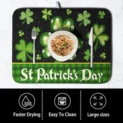 St Patrick's Day Dish Drying Mats for Kitchen Counter 16x18 Inch Lucky Clovers Shamrock Green Buffalo Plaid Drying Mat Microfiber Absorbent Dish Drying Pad Dish Drainer Rack Mats for Kitchen Sink - Image 4