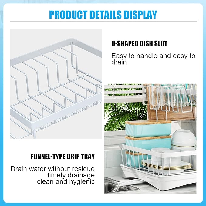 7 code Large Dish Drying Rack, 2-Tier Dish Racks for Kitchen Counter, Detachable Large Capacity Dish Drainer Organizer with Utensil Holder, Dish Drying Rack with Drain Board, White - Image 4