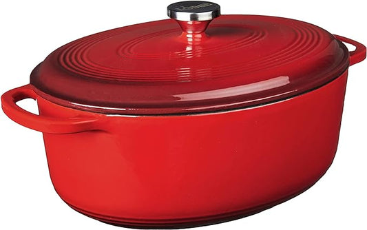 Lodge 7 Quart Enameled Cast Iron Oval Dutch Oven with Lid – Dual Handles – Oven Safe up to 500° F or on Stovetop - Use to Marinate, Cook, Bake, Refrigerate and Serve – Red by Lodge