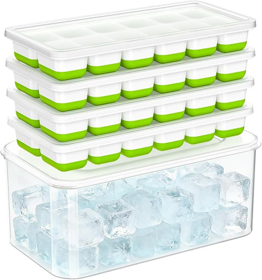 NFK Ice Cube Tray with Lid & Bin - 4 Pack 48 Cubes Stackable Silicone Trays for Freezer with Storage Container, Leak-Proof Lids, BPA-Free, Easy Release for Kitchen, RV, Party, Cocktail & Coffee by Cusbus