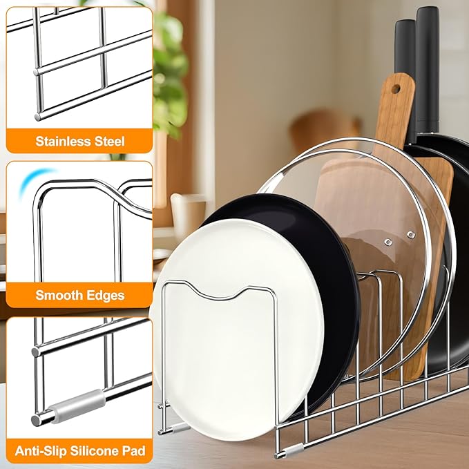 FLSEPAMB Pot Lid Organizer Pan Lid Organizer Kitchen Pot Lid Rack Suitable for Bakeware Dish Plate, Cutting Boards, Pots & Pans, Serving Trays, Reusable Holder (2 Pack) - Image 2