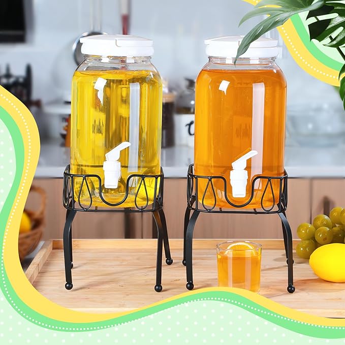 Tanlade 2 Pcs Plastic Drink Dispenser with Stand Beverage Dispenser with Sturdy Metal Base Juice Jar for Parties Lemonade Jar Spigot for Weddings Countertop Water, Each 1 Gallon(White)