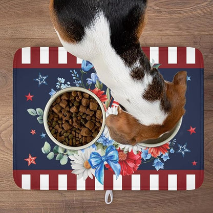 4th of July Dish Drying Mat for Kitchen Counter Patriotic Red Blue and White Floral American Flag Microfiber Dish Drainer Mat Absorbent Washable Drying Pad Extra Large 18"x24"