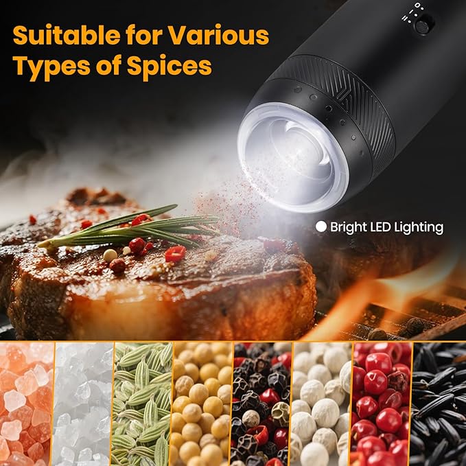 Rechargeable Gravity Electric Salt Grinder Set with Variable Grinding Speed, External Adjustable Coarseness, External Adjustable Coarseness, Charging Base and White LED Light,Black - Image 7