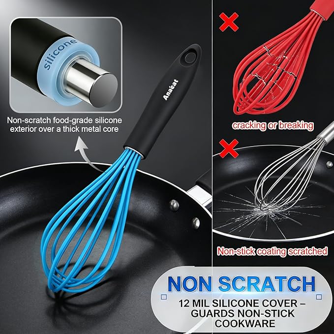 Anaeat Silicone Balloon Whisk, Perfect for Non-Stick Cookware, Milk and Egg Beater Blender, Heat Resistant Kitchen Whisks for Whisking, Cooking, Baking, Beating, Frothing & Stirring (Blue) - Image 3