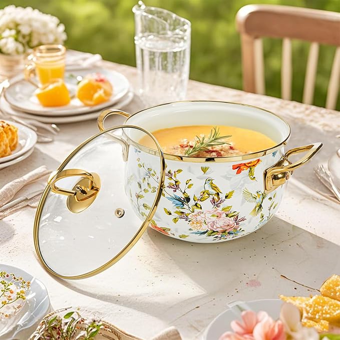 SOUJOY 2.8 Quart Enamel Stockpot with Glass Lid, Vintage Floral Soup Pot, Non-Stick Bean Stew Simmer Pot with Handle for Kitchen, Induction & Gas Stove Safe, Mother's Day, Wedding, Christmas Gift - Image 7
