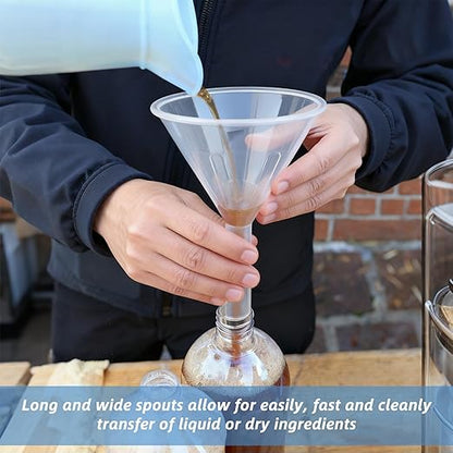 8 Pcs 3.5 Inch Wide Mouth Plastic Funnels,Multi-Purpose Clear Funnels with with Long Reaching Spout for Filling Water Bottles,Oils,Kitchen, Easy and Smooth Content Transfer