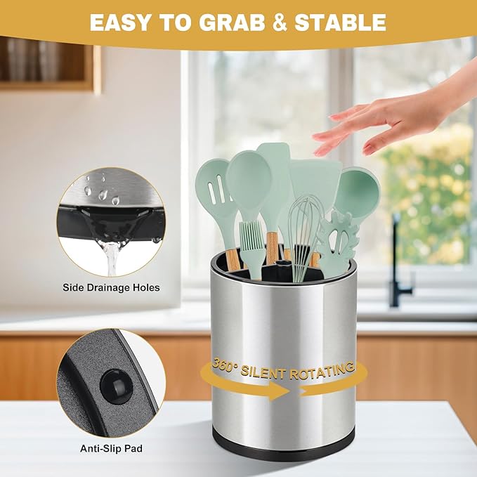 2Pack Kitchen Utensil Holder Set - 360° Rotating Stainless Steel Large Cooking Utensil Stand for Counter, 3 Compartment Flatware Caddy with Removable Base for Knife, Fork & Spoon Organizer - Sliver - Image 6