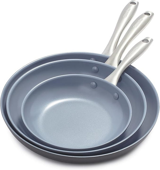 GreenPan Lima Hard Anodized 8" 10" & 12" Frying Pan Skillet Set, Ceramic Nonstick, PFAS-Free Nontoxic Pots & Pans, Oven & Broiler Safe, Stainless Steel Handles, Cookware for Eggs & Omelet, Gray by GreenPan