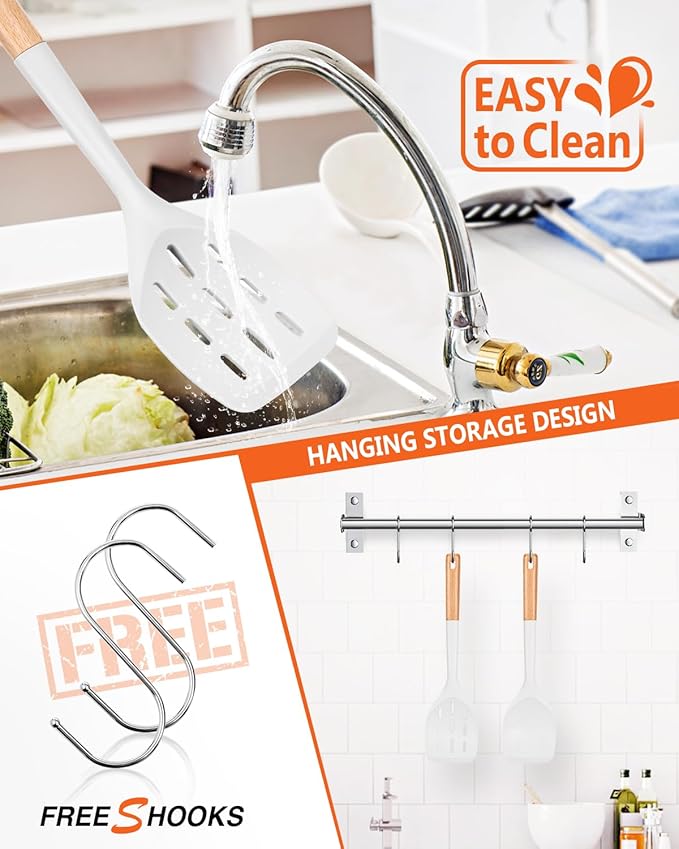 Pack of 2 Silicone Spatula, Non Stick Cooking Utensil Set Wooden Handle Kitchen Turner for Baking Mixing Grilling Serving Food Heat Resistant Non Scratch Hooks Included (White) - Image 4
