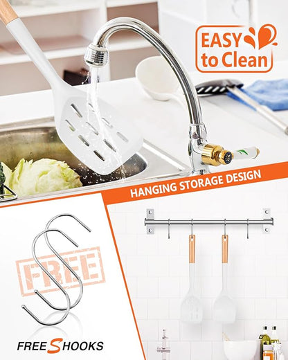 Pack of 2 Silicone Spatula, Non Stick Cooking Utensil Set Wooden Handle Kitchen Turner for Baking Mixing Grilling Serving Food Heat Resistant Non Scratch Hooks Included (White) - Image 4