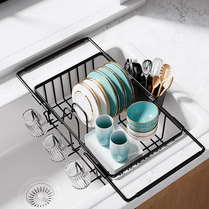 Sakugi Dish Drying Rack in Sink - Expandable Stainless Steel Dish Rack Over The Sink, Kitchen Sink Drain Strainer with Cutlery Holder & Cup Holders, 15.4 x 11.3 x 6.6 Inch, Black by Sakugi