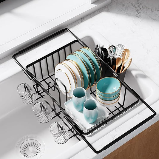 Sakugi Dish Drying Rack in Sink - Expandable Stainless Steel Dish Rack Over The Sink, Kitchen Sink Drain Strainer with Cutlery Holder & Cup Holders, 15.4 x 11.3 x 6.6 Inch, Black by Sakugi