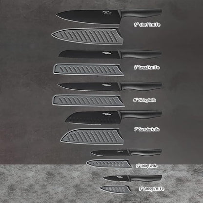 Kitchen Knife Set, KYA38 12-Piece Kitchen Knives Set with Covers, Marco Almond® 6 Knives with 6 Blade Guards, Stainless Steel Cooking Knives Set for Kitchen, Black