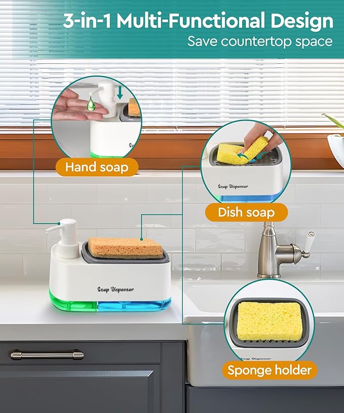 Kitchen Dish Soap Dispenser Set，Dish and Hand Soap Dispenser with Sponge Holder, 3-in-1 Countertop Sponge Dual Soap Pump Dispenser for Kitchen Sink - White - Image 2