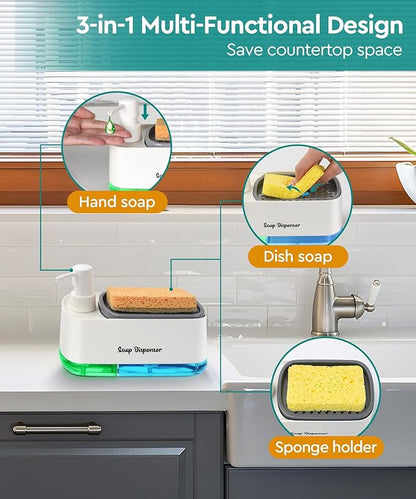 Kitchen Dish Soap Dispenser Set，Dish and Hand Soap Dispenser with Sponge Holder, 3-in-1 Countertop Sponge Dual Soap Pump Dispenser for Kitchen Sink - White - Image 2