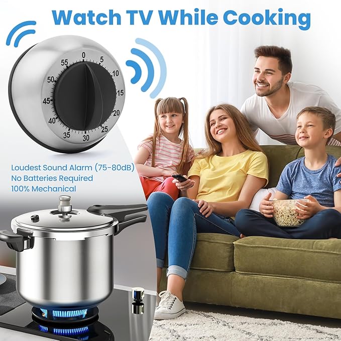 Kitchen Timer for Cooking, Chef Cooking Magnetic Timer - No Batteries Required - Loud Alarm, Mechanical Desk Manual Timers - Magnetic Clock Backing, Countdown Reminder - Stainless Steel Body - Image 6
