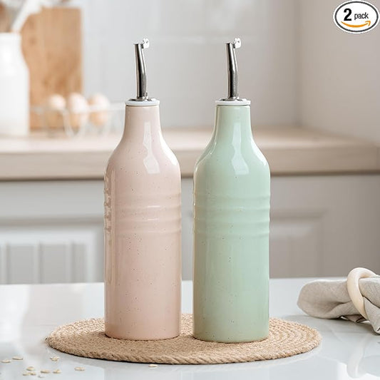 famiware Jupiter 16oz Ceramic Olive Oil Dispenser Bottle, Olive Oil and Vinegar Dispenser Bottle Set of 2 with Stainless Steel Pourers, Suitable for Storage Vinegar, Liquids, Light Pink & Light Green