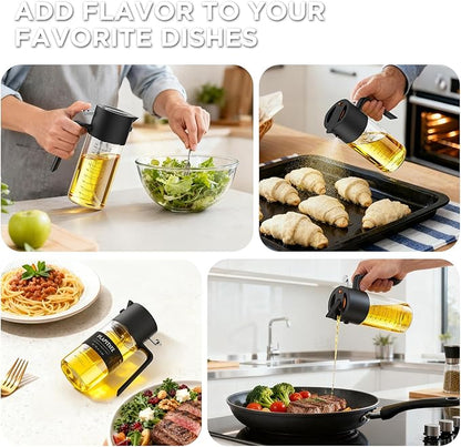 PLAPITATE 2Pcs 17oz Premium Olive Oil Sprayer for Cooking, 2 in 1 Glass Olive Oil Dispenser Bottle for Kitchen Gadgets, Spray Bottle with Portion Control for Salad, Frying, BBQ (Black & White)