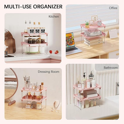 STARLATTA 2 Pcs Cabinet Organizer Shelf，Stackable Kitchen Counter Shelves, Spice Rack,Countertop Organizers，Pink Plastic Storage Shelves Rack for Makeup，Bathroom, Cupboard，Desk，Pantry Organization - Image 6
