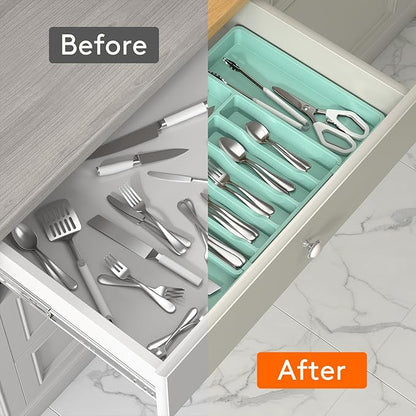 Lifewit Silverware Drawer Organizer, Expandable Utensil Tray for Kitchen, BPA Free Flatware and Cutlery Holder, Adjustable Plastic Storage for Spoons Forks Knives, 13-22 x 15", Turquoise - Image 6