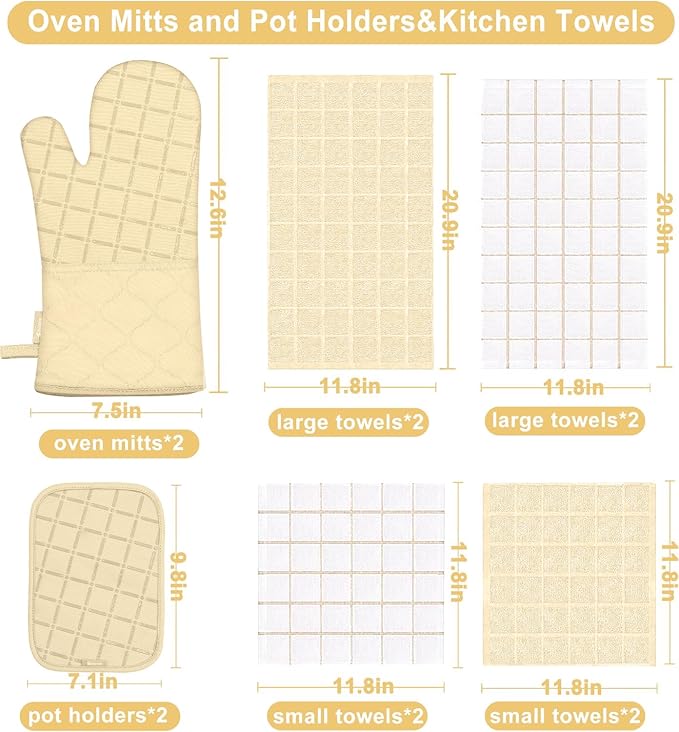 Oven Mitts Pot Holders Sets/Kitchen Towels and Dishcloths, Oven Gloves Kitchen Dish Towels 500 Degree Heat Resistant Potholders with Non-Slip Silicone Surface for Cooking, Grilling, Baking-Beige - Image 2
