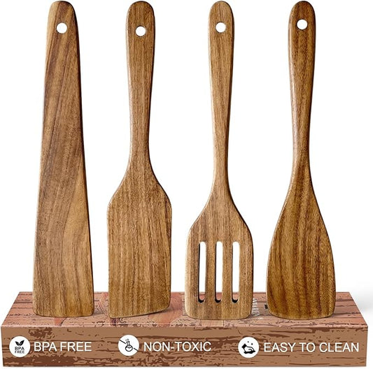 4 Pcs Acacia Wooden Spatula Set Non Toxic Kitchen Utensil Set Slotted Turner Flat Wood Wok Spatulas for Cooking Spoon Kitchen Spurtle Bamboo Cooking Utensils Fish Egg Flipper Spatula Cast Iron Scraper