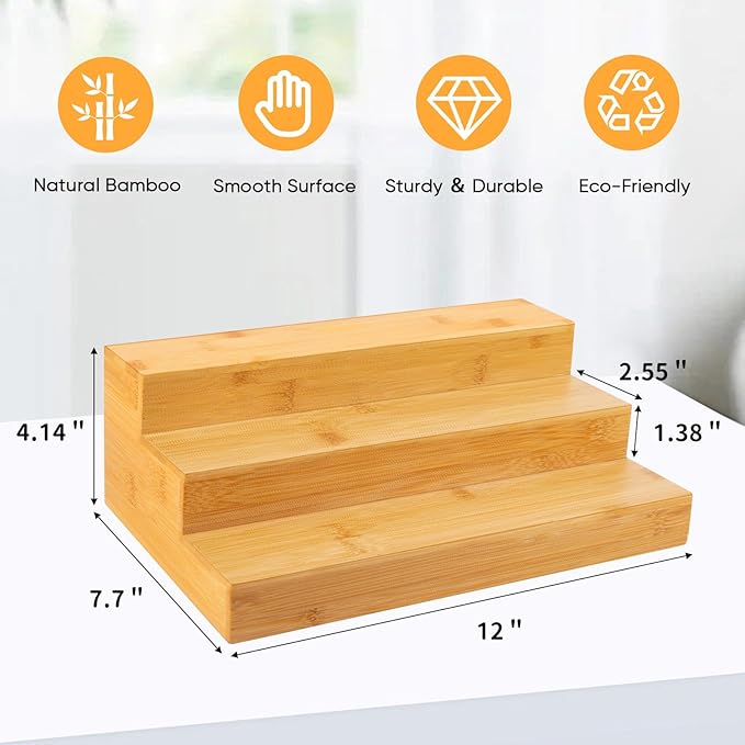 Bamboo Spice Rack Organizer for Cabinet 2 Pack - 3 Tier Countertop Step Shelf, Seasoning Storage Stand for Kitchen Pantry, Spice Holder for Jars Bottles Cans (Natural) - Image 3