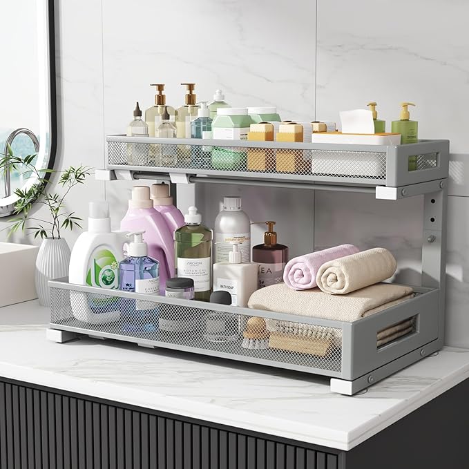1 Pack 19IN Depth Under Sink Storage Organizer, Large 2-Tier Elegant Mesh Pull Out Shelf for Kitchen and Bathroom Cabinet Organization, L-Shaped and Adjustable Height Design-Gun Gray - Image 7