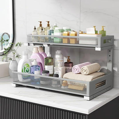 2 Pack 19IN Depth Under Sink Storage Organizer, Large 2-Tier Elegant Mesh Pull Out Shelf for Kitchen and Bathroom Cabinet Organization, L-Shaped and Adjustable Height Design-Gun Gray - Image 7