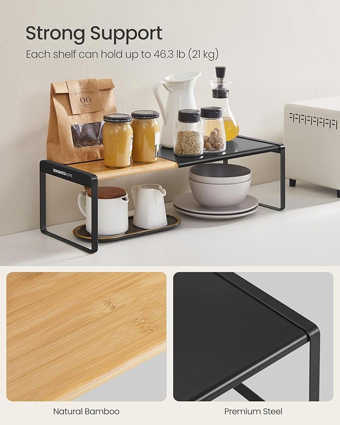 SONGMICS HOME Spice Racks, Expandable Cupboard Shelf Orgnizers, Kitchen Counter Shelves, Bamboo and Metal, Space-Saving Shelving, Stackable, Light Bamboo and Ink Black UKCS051B01 - Image 5