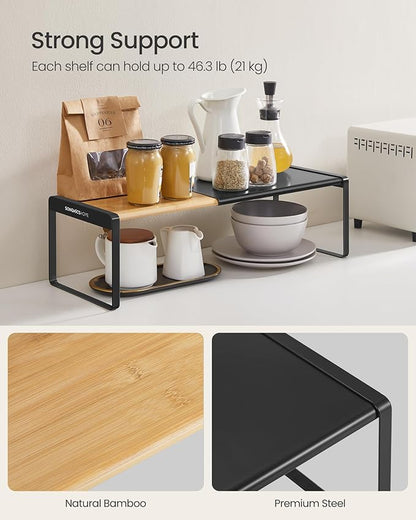 SONGMICS HOME Spice Racks, Expandable Cupboard Shelf Orgnizers, Kitchen Counter Shelves, Bamboo and Metal, Space-Saving Shelving, Stackable, Light Bamboo and Ink Black UKCS051B01 - Image 5