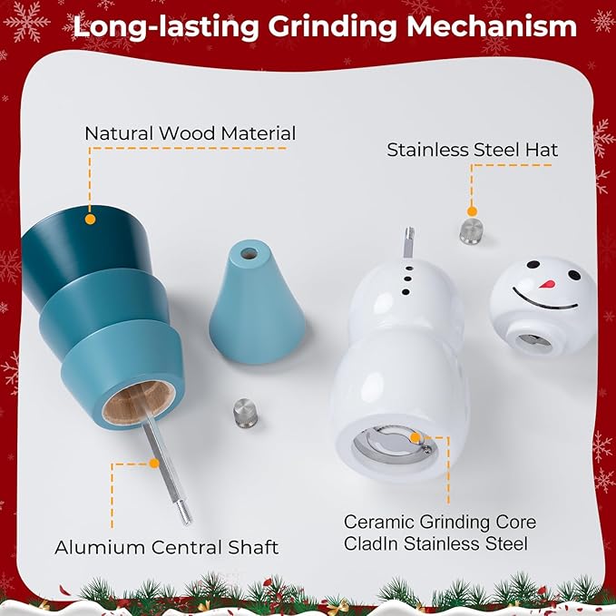 Christmas Salt and Pepper Grinder Set, Snowman & Tree Refillable Salt and Pepper Mills with Adjustable Ceramic Core, Wooden Manual Salt and Pepper Shakers for Kitchen,Gift, Christmas Decor - Image 7