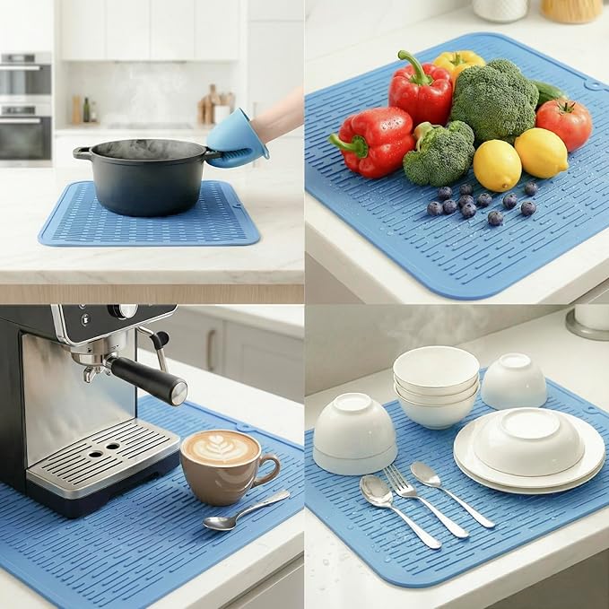 MicoYang Silicone Dish Drying Mat for Multiple Usage,Easy clean,Eco-friendly,Heat-resistant Silicone Mat for Kitchen Counter or Sink,Refrigerator or Drawer Liner Light Blue XL 18 inches x 16 inches - Image 4